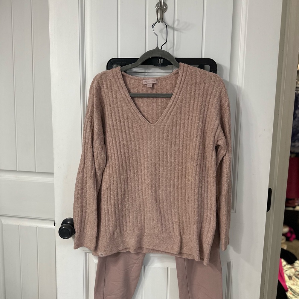 BAREFOOT DREAMS !! -mixed media Women's V-Neck Ribbed Sweater - blush Pink